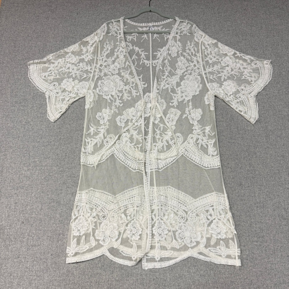 Noble Floral Lace Kimono Cardigan OS White Sheer Mesh Tie Front Boho Cover Up